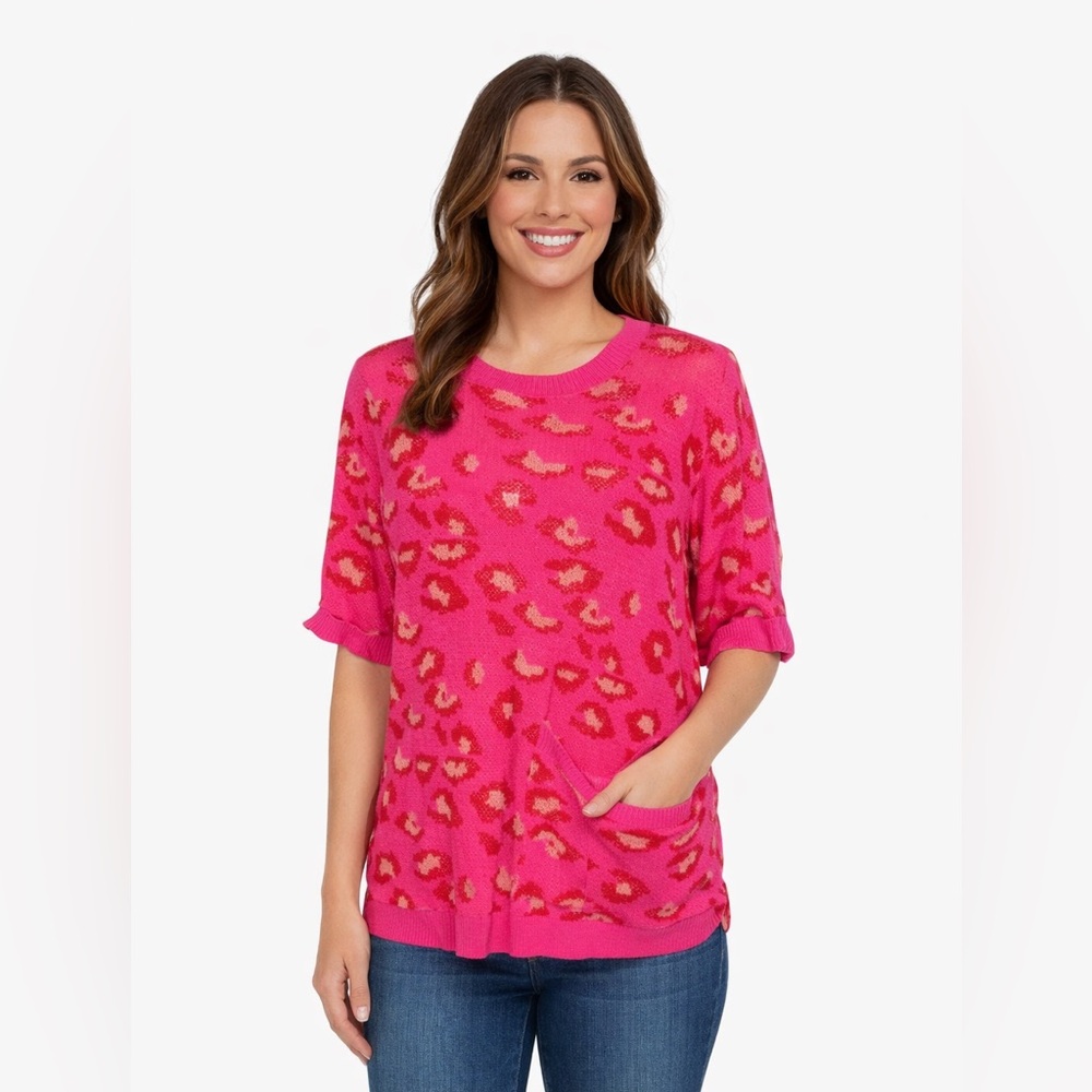 JODIFL Pink Knit Sweater Top Animal Print Fall